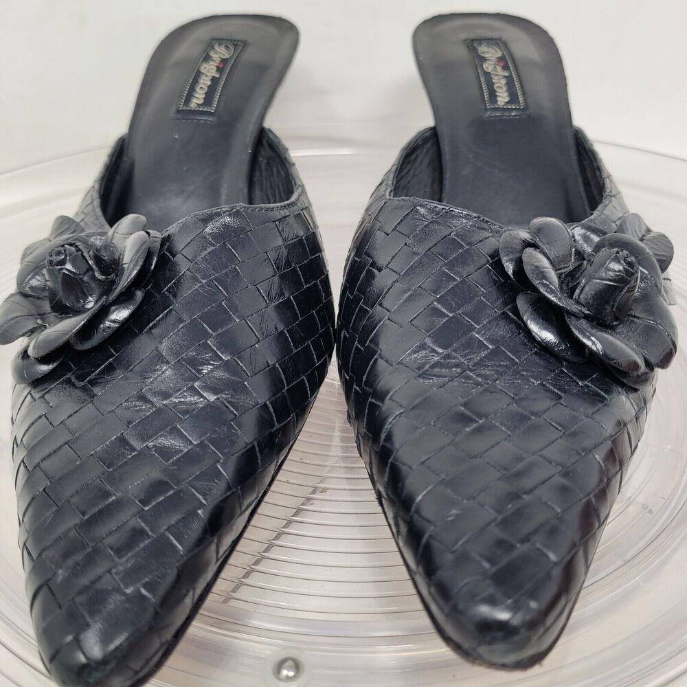 BRIGHTON Poem Paige Slip-On High Heeled Mules Black Leather Shoes Floral Sz 10M